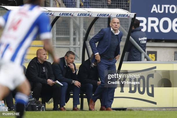 Goalkeeper trainer Raymond Vissers of sc Heerenveen, assistant trainer Michel Vonk of sc Heerenveen, coach Jurgen Streppel of sc Heerenveen during...