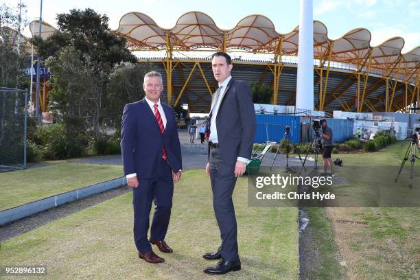 Of Cricket Australia James Sutherland and Gold Coast Suns CEO Mark Evans talk to the media during the 2018/19 international cricket schedule...