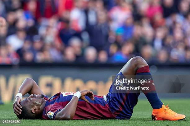 Pape Diop of SD Eibar lays down on the pitch during the La Liga game between Valencia CF and SD Eibar at Mestalla on April 29, 2018 in Valencia, Spain