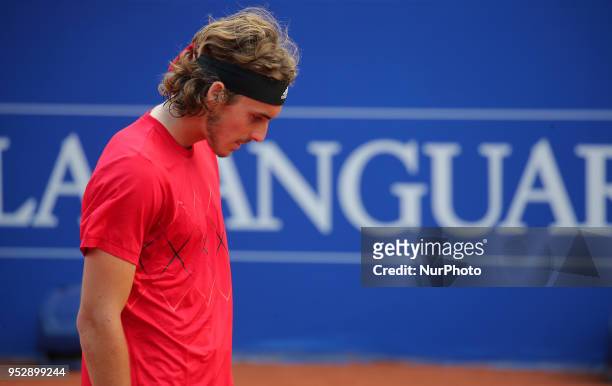 Stefanos Tsitsipas during the match against Rafa Nadal during the final of the Barcelona Open Banc Sabadell, on 29th April 2018 in Barcelona, Spain....