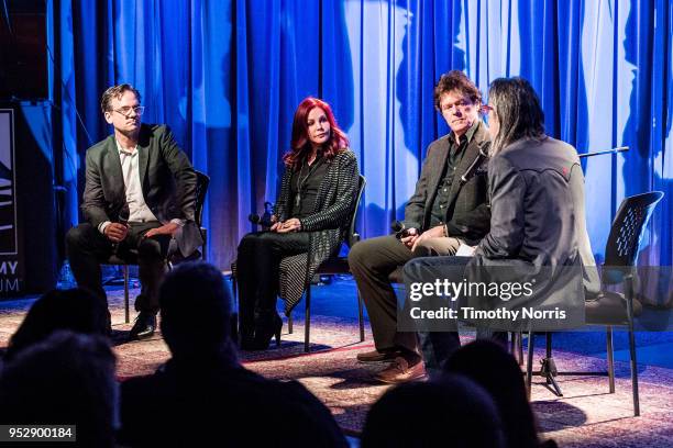 Thom Zimny, Priscilla Presley, Jerry Schilling and Scott Goldman speak during Reel to Reel: Elvis Presley: The Searcher at The GRAMMY Museum on April...