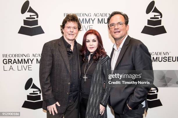 Jerry Schilling, Priscilla Presley and Thom Zimny attend Reel to Reel: Elvis Presley: The Searcher at The GRAMMY Museum on April 29, 2018 in Los...