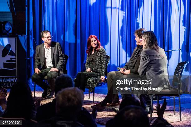 Thom Zimny, Priscilla Presley, Jerry Schilling and Scott Goldman speak during Reel to Reel: Elvis Presley: The Searcher at The GRAMMY Museum on April...