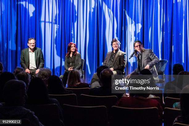 Thom Zimny, Priscilla Presley, Jerry Schilling and Scott Goldman speak during Reel to Reel: Elvis Presley: The Searcher at The GRAMMY Museum on April...