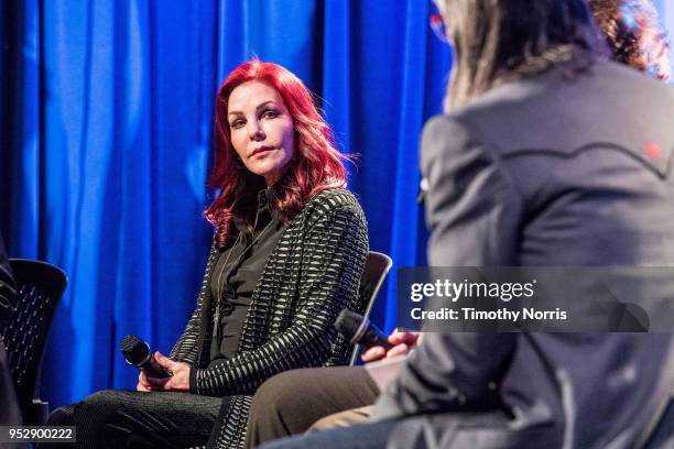 Priscilla Presley and Scott Goldman speak during Reel to Reel: Elvis Presley: The Searcher at The GRAMMY Museum on April 29, 2018 in Los Angeles,...