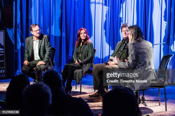 Thom Zimny, Priscilla Presley, Jerry Schilling and Scott Goldman speak during Reel to Reel: Elvis Presley: The Searcher at The GRAMMY Museum on April...