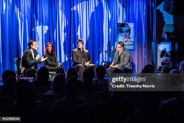 Thom Zimny, Priscilla Presley, Jerry Schilling and Scott Goldman speak during Reel to Reel: Elvis Presley: The Searcher at The GRAMMY Museum on April...