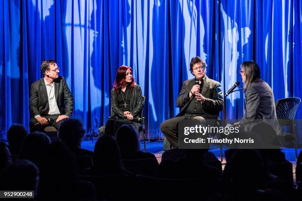 Thom Zimny, Priscilla Presley, Jerry Schilling and Scott Goldman speak during Reel to Reel: Elvis Presley: The Searcher at The GRAMMY Museum on April...