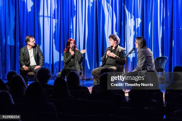 Thom Zimny, Priscilla Presley, Jerry Schilling and Scott Goldman speak during Reel to Reel: Elvis Presley: The Searcher at The GRAMMY Museum on April...