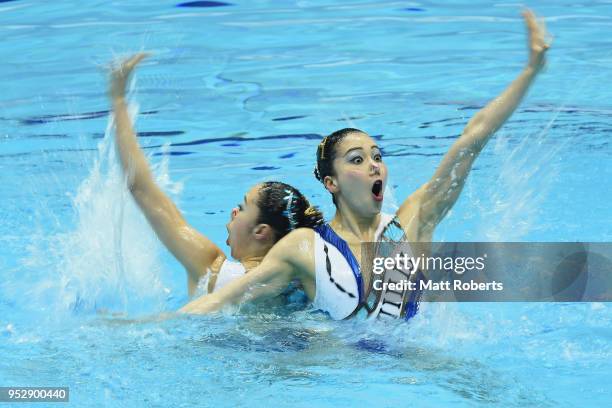 Yukiko Inui and Kanami Nakamaki of Japan compete during the Duet Free Routine final on day four of the FINA Artistic Swimming Japan Open at the Tokyo...