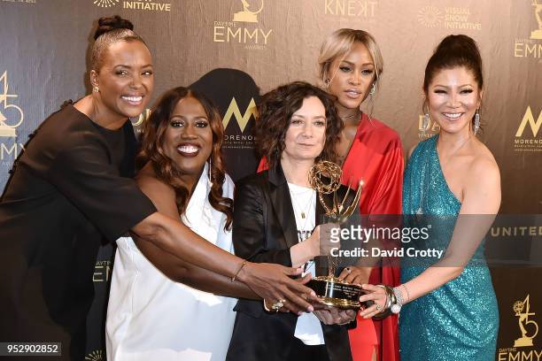 Aisha Tyler, Sheryl Underwood, Sara Gilbert, Eve and Julie Chen attend the 2018 Daytime Emmy Awards Press Room at Pasadena Civic Auditorium on April...