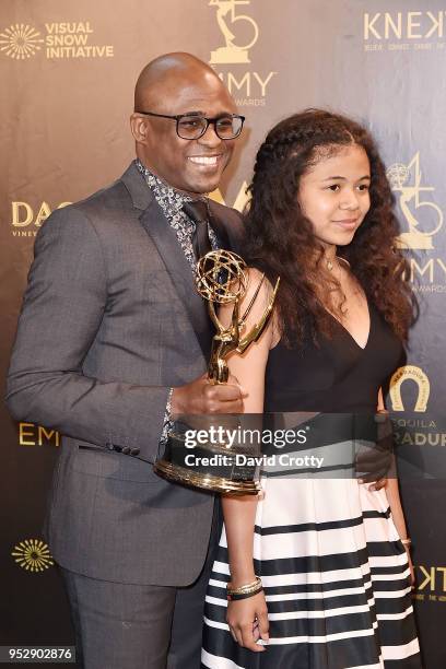 Wayne Brady and Maile Masako Brady attend the 2018 Daytime Emmy Awards Press Room at Pasadena Civic Auditorium on April 29, 2018 in Pasadena,...