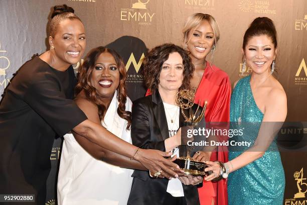 Aisha Tyler, Sheryl Underwood, Sara Gilbert, Eve and Julie Chen attend the 2018 Daytime Emmy Awards Press Room at Pasadena Civic Auditorium on April...