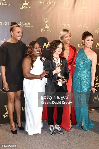 Aisha Tyler, Sheryl Underwood, Sara Gilbert, Eve and Julie Chen attend the 2018 Daytime Emmy Awards Press Room at Pasadena Civic Auditorium on April...