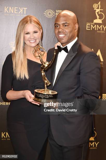 Nancy O'Dell and Kevin Frazier attend the 2018 Daytime Emmy Awards Press Room at Pasadena Civic Auditorium on April 29, 2018 in Pasadena, California.