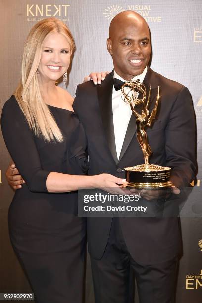 Nancy O'Dell and Kevin Frazier attend the 2018 Daytime Emmy Awards Press Room at Pasadena Civic Auditorium on April 29, 2018 in Pasadena, California.