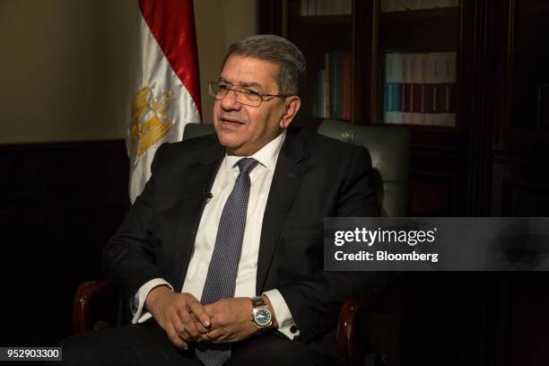 Amr El-Garhy, Egypt's finance minister, speaks during a Bloomberg Television interview in Cairo, Egypt, on Sunday, April 29, 2018. El-Garhy spoke...