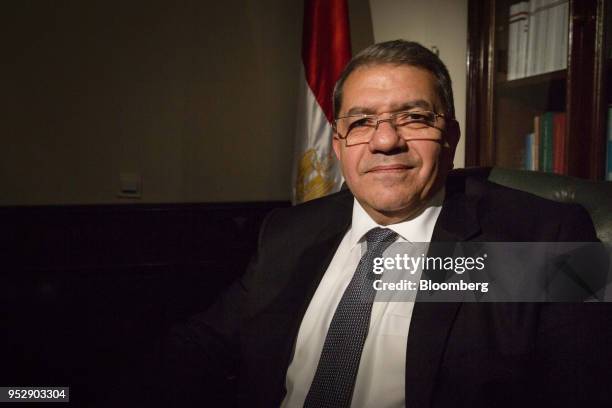 Amr El-Garhy, Egypt's finance minister, poses for a photograph following a Bloomberg Television interview in Cairo, Egypt, on Sunday, April 29, 2018....