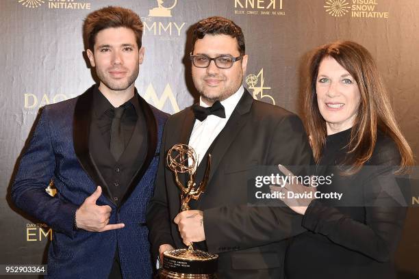 Kristos Andrews, Gregori J. Martin and Wendy Riche attend the 2018 Daytime Emmy Awards Press Room at Pasadena Civic Auditorium on April 29, 2018 in...