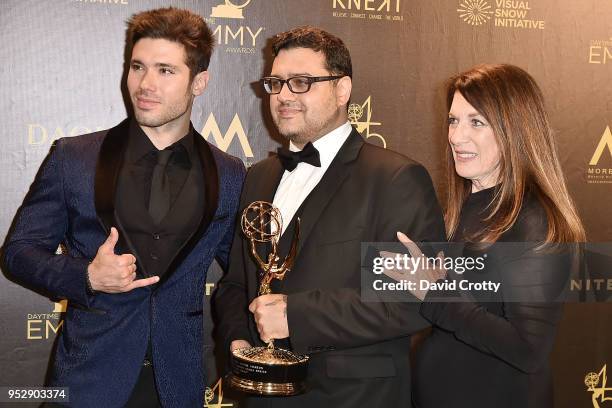 Kristos Andrews, Gregori J. Martin and Wendy Riche attend the 2018 Daytime Emmy Awards Press Room at Pasadena Civic Auditorium on April 29, 2018 in...