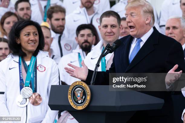 President Donald Trump speaks at a celebration for Team USA at the North Portico of the White House, in Washington, D.C. On Friday, April 27, 2018.