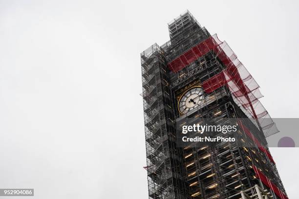Scaffolding for renovation works continues to hide the Elizabeth Tower from view on an overcast afternoon in London, UK, on April 29, 2018. The...