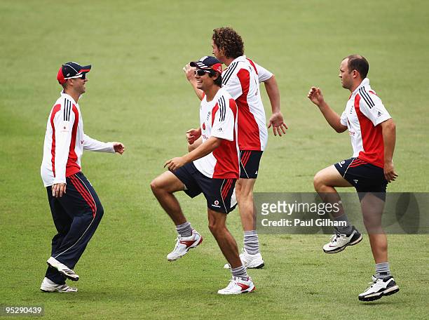 Matt Prior, Alastair Cook, Ryan Sidebottom, and Jonathan Trott of England warm up togetherduring an England nets session at Kingsmead Cricket Ground...