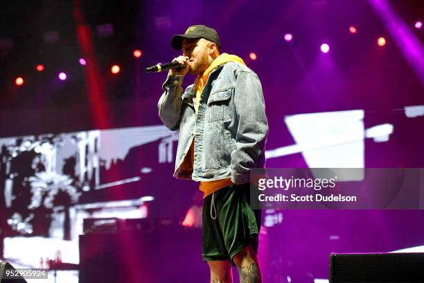 Rapper Mac Miller performs onstage during the Smokers Club Festival at The Queen Mary on April 29, 2018 in Long Beach, California.