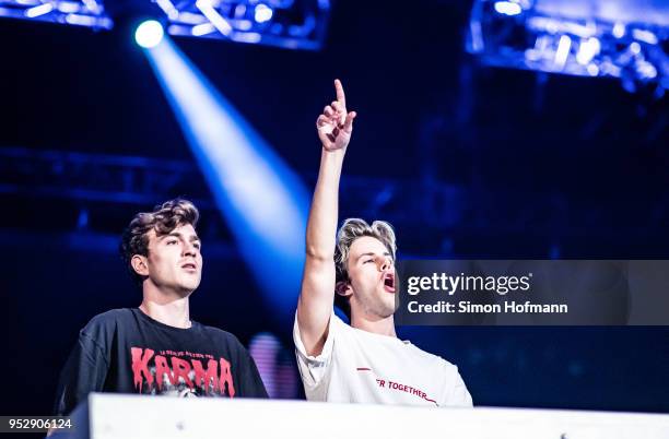 Ofenbach performs during the Radio Regenbogen 30th Anniversary Celebration at SAP Arena Mannheim on April 21, 2018 in Mannheim, Germany.