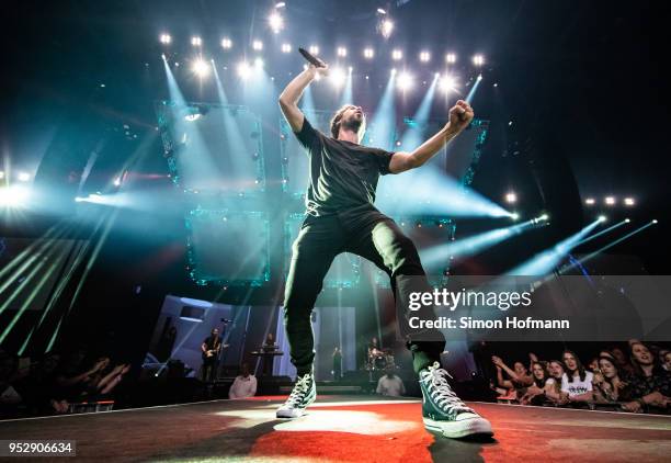 Max Giesinger performs during the Radio Regenbogen 30th Anniversary Celebration at SAP Arena Mannheim on April 21, 2018 in Mannheim, Germany.