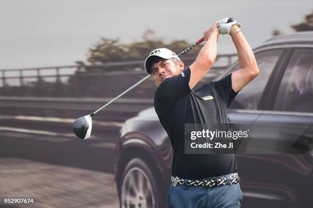 Adilson da Silva of Brazil plays a shot during the final round of the 2018 Volvo China Open at Topwin Golf and Country Club on April 29, 2018 in...