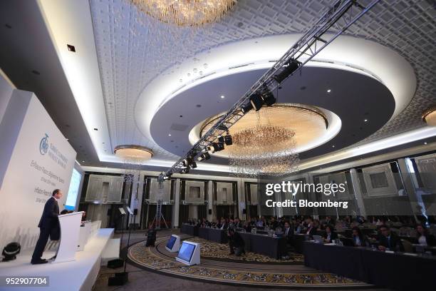 Murat Cetinkaya, governor of Turkey's central bank, speaks during a news conference in Istanbul, Turkey, on Monday, April 30, 2018. Turkish stocks...