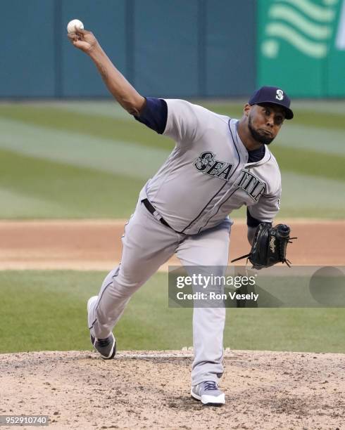 Juan Nicasio of the Seattle Mariners pitches against the Chicago White Sox on April 24, 2018 at Guaranteed Rate Field in Chicago, Illinois. Juan...