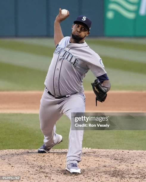 Juan Nicasio of the Seattle Mariners pitches against the Chicago White Sox on April 24, 2018 at Guaranteed Rate Field in Chicago, Illinois. Juan...