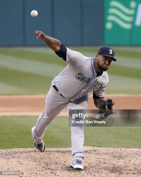 Juan Nicasio of the Seattle Mariners pitches against the Chicago White Sox on April 24, 2018 at Guaranteed Rate Field in Chicago, Illinois. Juan...