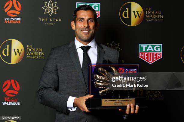 Jamie Young poses with the A-League Goalkeeper of the Year award during the FFA Dolan Warren Awards at The Star on April 30, 2018 in Sydney,...