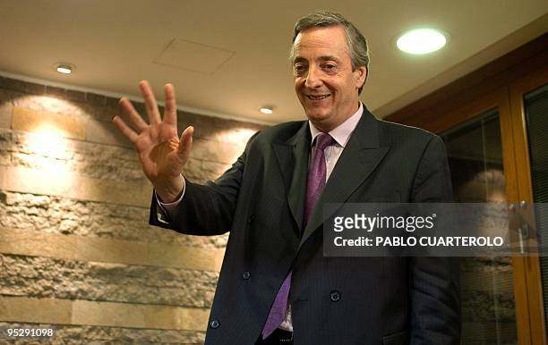 Argentine presidential candidate Nestor Kirchner of the Victory Front party is seen in his office 30 April 2003 in Buenos Aires. A new opinion poll...