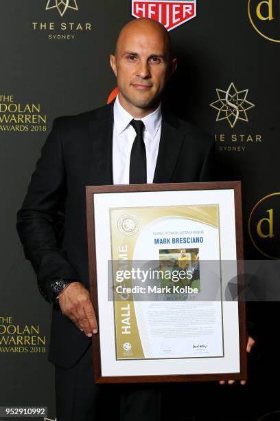 Mark Bresciano poses after being inducted into the Hall of Fame during the FFA Dolan Warren Awards at The Star on April 30, 2018 in Sydney, Australia.