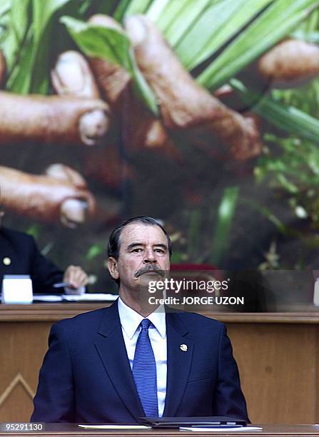 President Vicente Fox is seen speaking to the farming sector during ceremonies in Mexico City 28 April 2003. El presidente de México, Vicente Fox,...