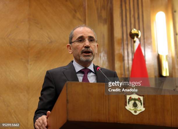 Minister of Foreign Affairs of Jordan Ayman Safadi and U.S. Secretary of State Mike Pompeo hold a joint press conference after their meeting at...