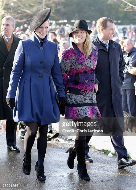Zara Phillips, Autumn Phillips and Peter Phillips leave the Christmas Day service at Sandringham Church on December 25, 2009 in King's Lynn, England....