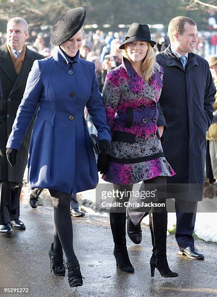 Zara Phillips, Autumn Phillips and Peter Phillips leave the Christmas Day service at Sandringham Church on December 25, 2009 in King's Lynn, England....