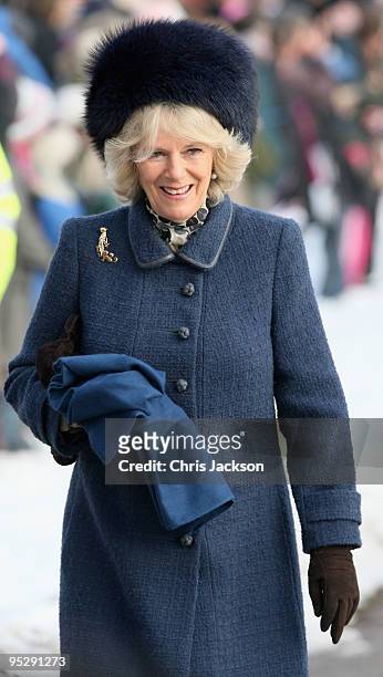 Camilla, Duchess of Cornwall smiles as she arrives to attend the Christmas Day service at Sandringham Church on December 25, 2009 in King's Lynn,...