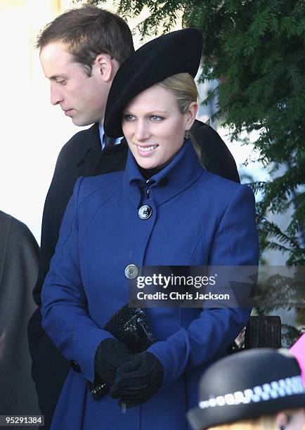 Zara Phillips and Prince William arrive to attend the Christmas Day service at Sandringham Church on December 25, 2009 in King's Lynn, England. The...