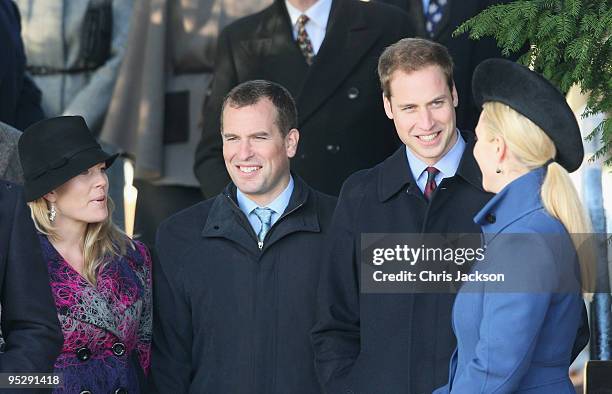 Zara Phillips, Prince William, Autumn Phillips and Peter Phillips leave the Christmas Day service at Sandringham Church on December 25, 2009 in...