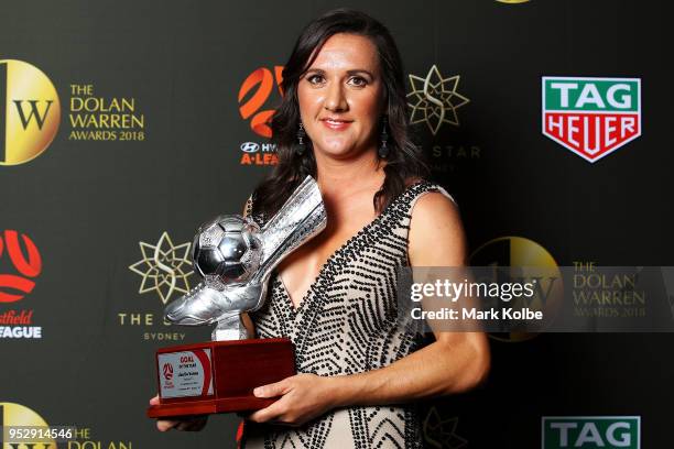 Lisa De Vanna of Sydney FC poses with the W-League Goal of the Year award during the FFA Dolan Warren Awards at The Star on April 30, 2018 in Sydney,...