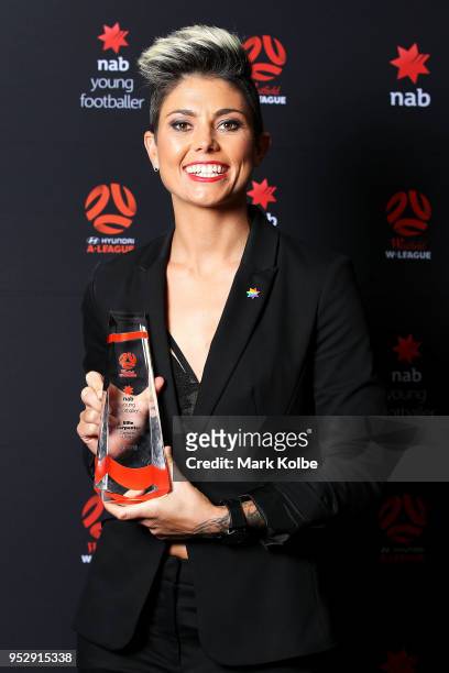 Michelle Heyman of Canberra United poses after collecting the trophy on behalf of Ellie Carpenter of Canberra United for the Westfield W-League NAB...