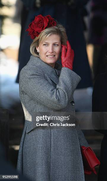 Sophie, Countess of Wessex arrives to attend the Christmas Day service at Sandringham Church on December 25, 2009 in King's Lynn, England. The Royal...