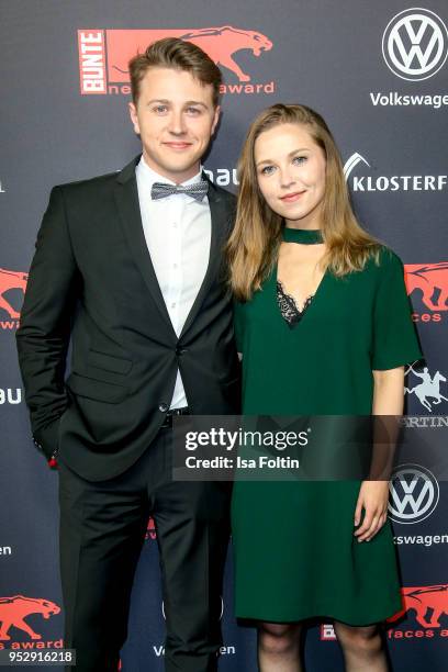 German actor Felix Jordan and German actress Marija Mauer and ? attend the New Faces Award Film at Spindler & Klatt on April 26, 2018 in Berlin,...