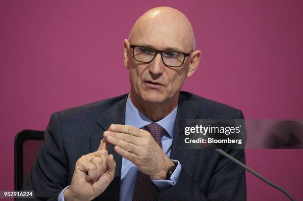 Tim Hoettges, chief executive officer of Deutsche Telekom AG, speaks during a full year earnings news conference at the company's headquarters in...